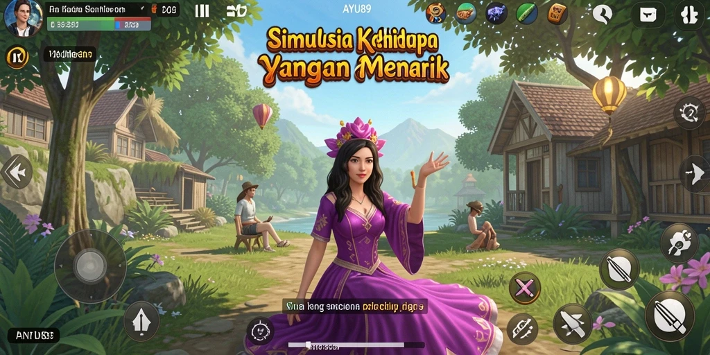Tampilan gameplay AYU89 menunjukkan kegiatan sehari-hari dalam simulasi kehidupan.