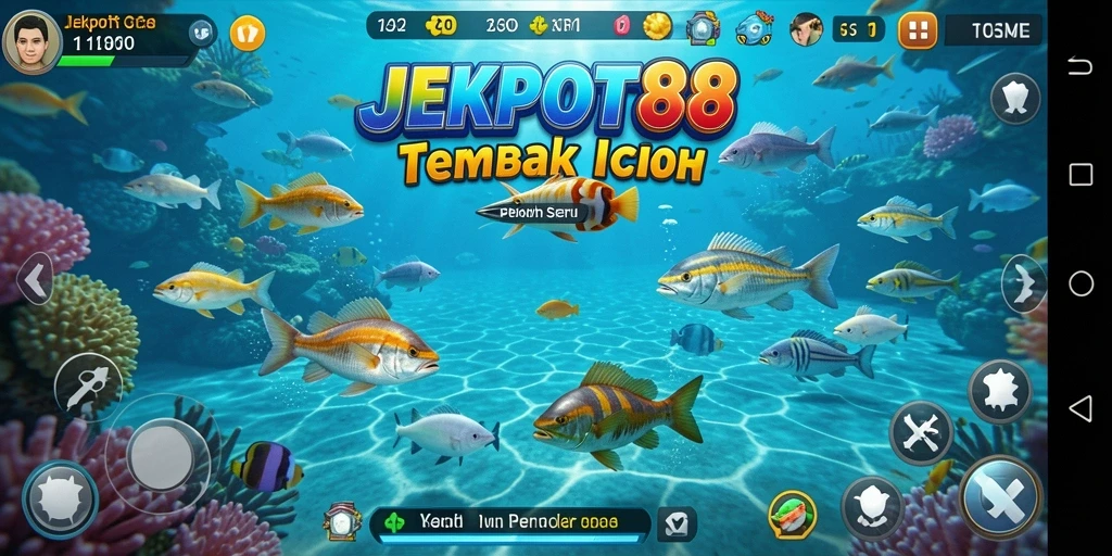 Screenshot gameplay Tembak Ikan JEKPOT88 menampilkan aksi seru menangkap ikan.