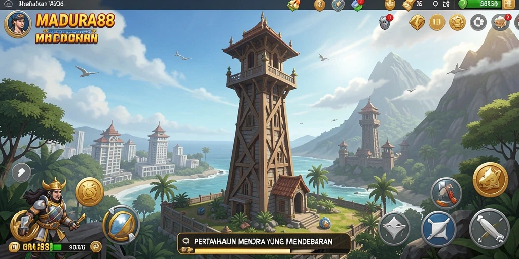 Gameplay seru Tower Defense di MADURA88 dengan menara strategis.